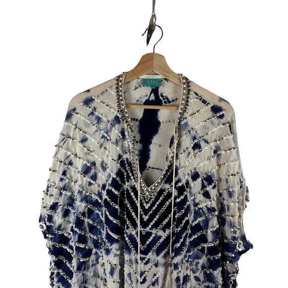 Taj by Sabrina Crippa Blue and White Beaded Kaftan Silk Blouse Size S Cover Up - Picture 11 of 16